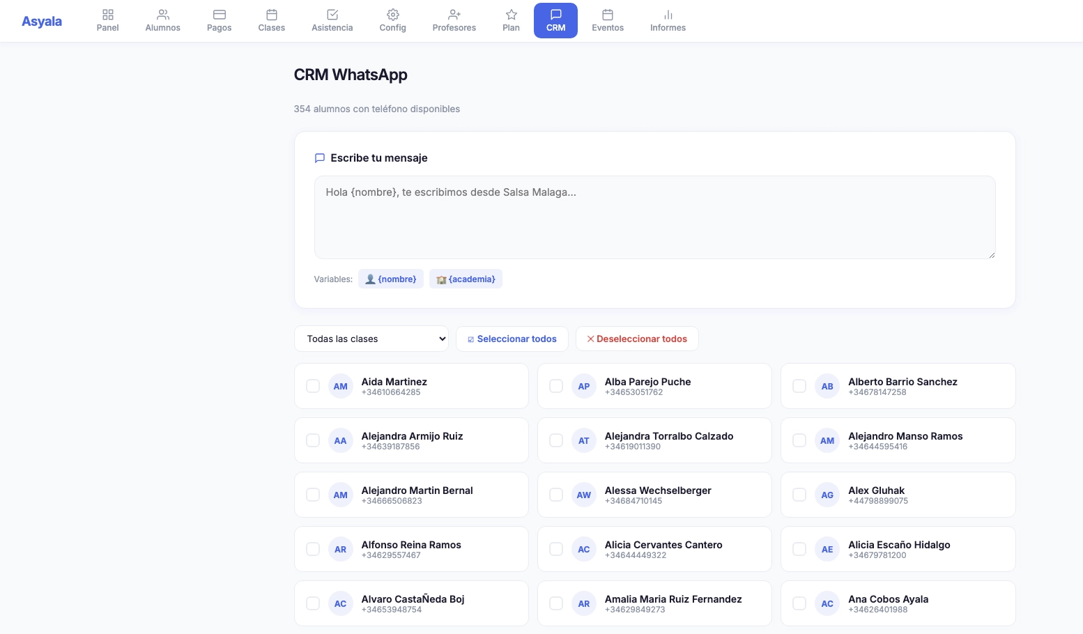 CRM WhatsApp masivo para academias de baile en Admidance — envío segmentado por clase