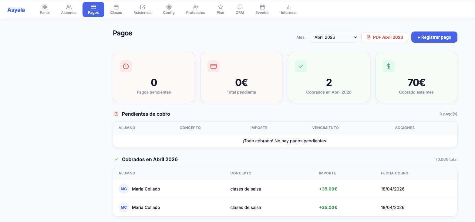 Control de pagos y cobros en Admidance — software de gestión para academias de baile