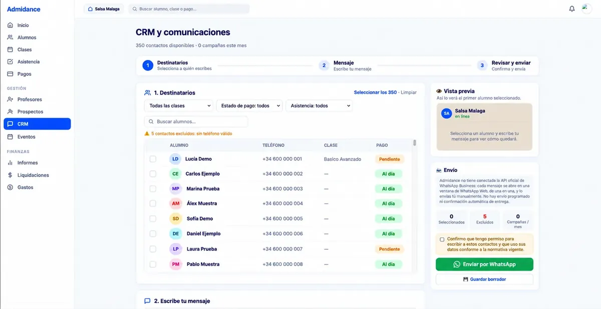 CRM para academias — Admidance